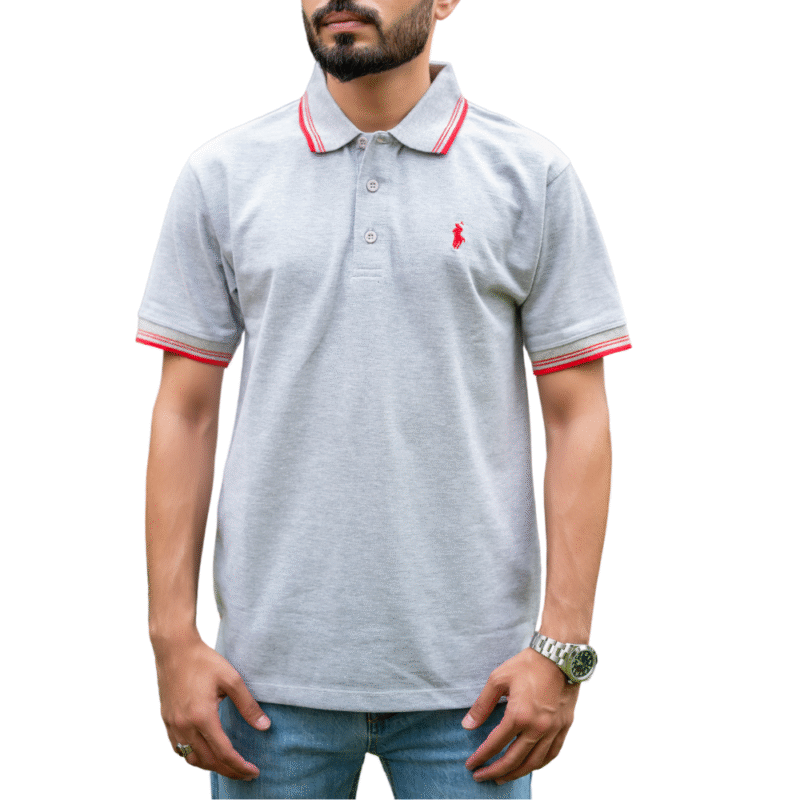 Grey Polo Shirt with Red Accents – Stylish & Timeless