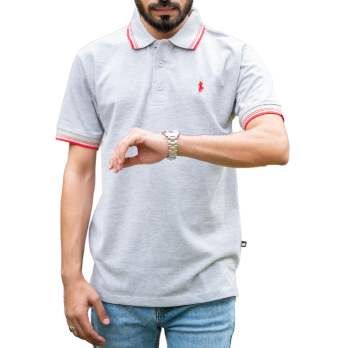 Grey Polo Shirt with Red Accents – Stylish & Timeless