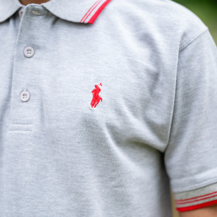 Grey Polo Shirt with Red Accents – Stylish & Timeless